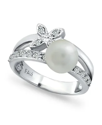 Imitation Pearl Cubic Zirconia Butterfly Ring Silver Plate