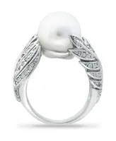 Imitation Pearl and Multi Row Pave Cubic Zirconia Ring Silver Plate