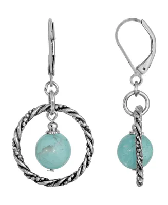 2028 Silver-Tone Genuine Stone Turquoise Round Stone Hoop Earrings