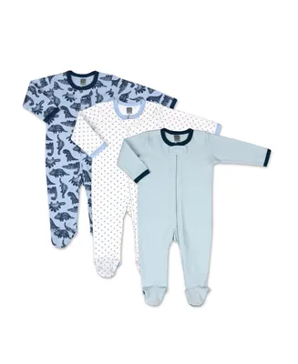 The Peanutshell Baby Sleep N Play Footed Pajamas for Boys or Girls, Dinosaur, Blue, 3 Pack, Newborn to 9 Months