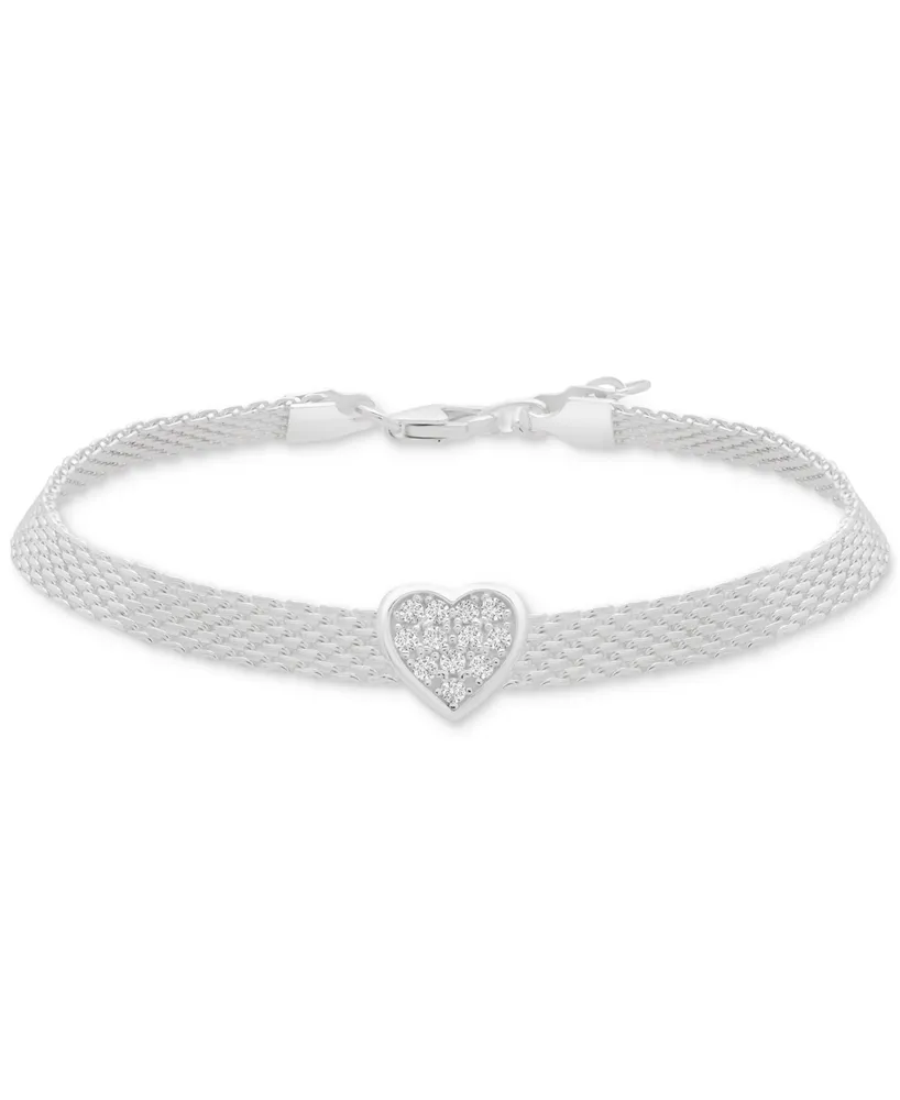 Cubic Zirconia Heart Mesh Link Bracelet in Sterling Silver