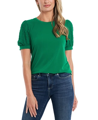 CeCe Women's Short Puff Sleeve Mixed Media Knit Top