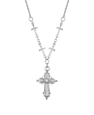 2028 Silver-Tone Crystal Accent Cross Pendant 16" Adjustable Necklace