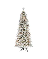 Puleo 7.5" Pre-Lit Flocked Slim Montville Spruce Artificial Christmas Tree