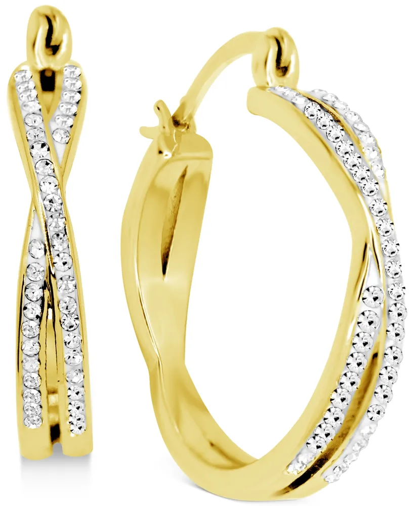 And Now This Crystal Small Crossover Hoop Earrings, 0.95" Silver Plate or Gold