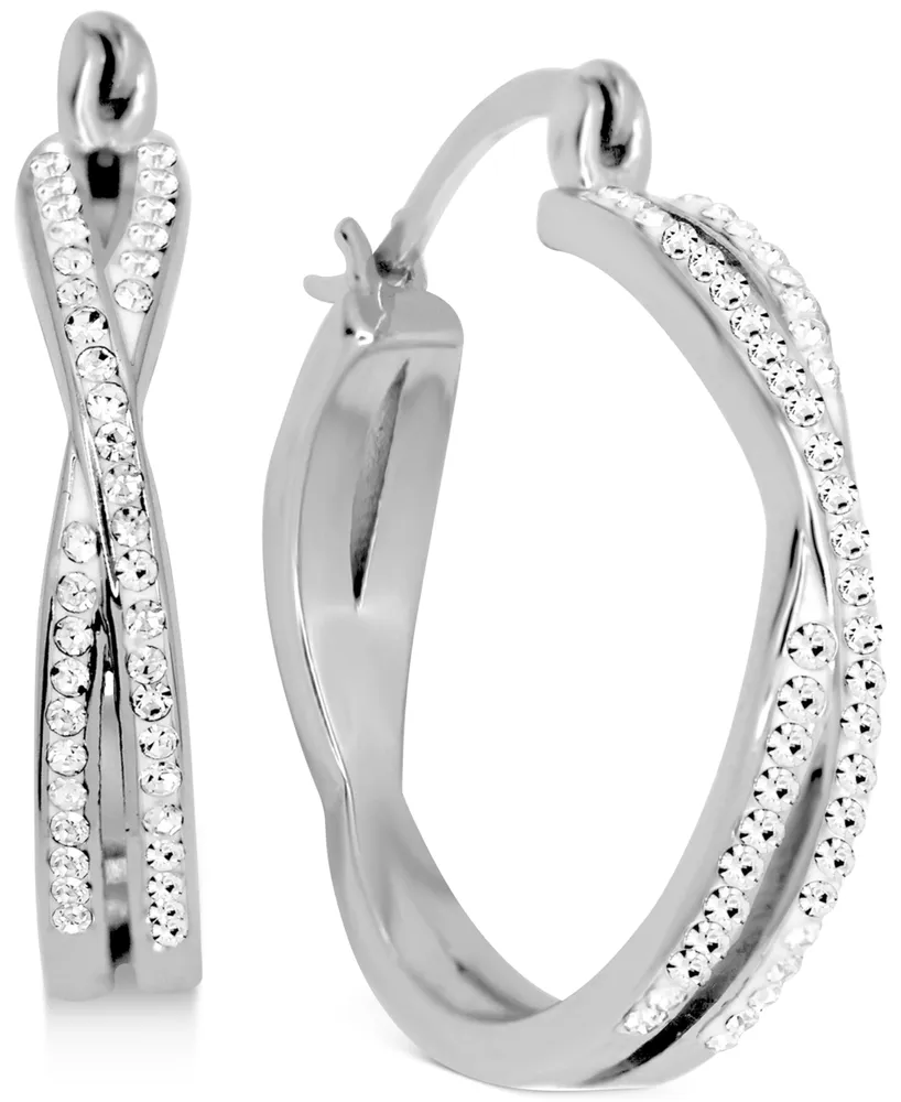 And Now This Crystal Small Crossover Hoop Earrings, 0.95" in Silver Plate or Gold Plate