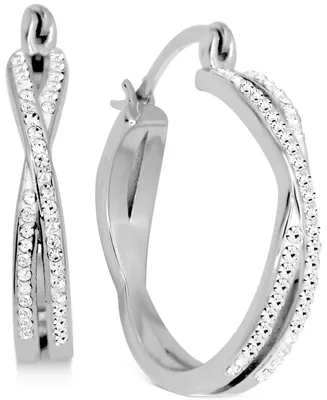 And Now This Crystal Small Crossover Hoop Earrings, 0.95" in Silver Plate or Gold Plate