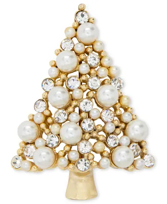 Holiday Lane Gold-Tone Crystal & Imitation Pearl Tree Pin, Created for Macy's