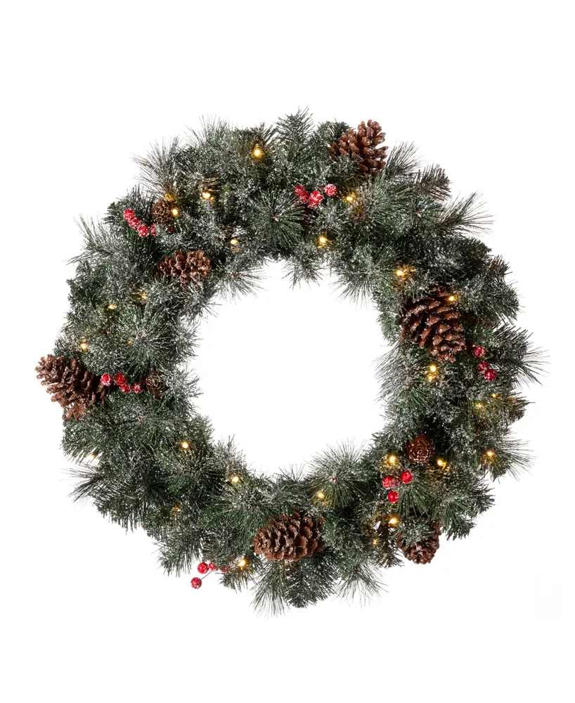 Glitzhome Pre-Lit Glittered Pine Cone Christmas Wreath, with Warm Led Light