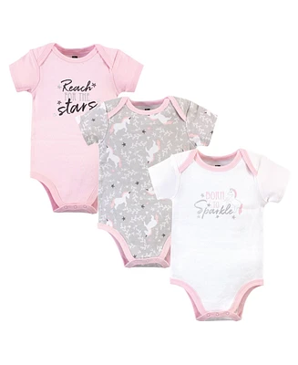 Hudson Baby Girls Cotton Bodysuits 3pk, Whimsical Unicorn, 9-12 Months