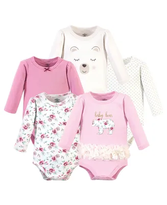 Little Treasure Baby Girl Cotton Long-Sleeve Bodysuits 5pk, Floral Baby Bear