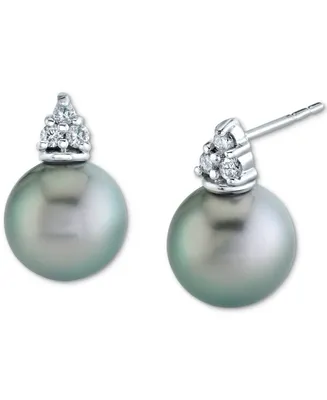 Cultured Tahitian Pearl (9mm) & Diamond (1/8 ct. t.w.) Stud Earrings in 14k White Gold