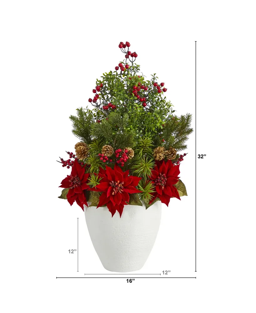 Nearly Natural Poinsettia, Boxwood and Succulent Artificial Arrangement in Vase