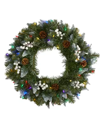 Nearly Natural Snow Tipped Artificial Christmas Wreath with 50 Led Lights, Berries and Pine Cones