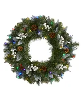 Nearly Natural Snow Tipped Artificial Christmas Wreath with 50 Led Lights, Berries and Pine Cones