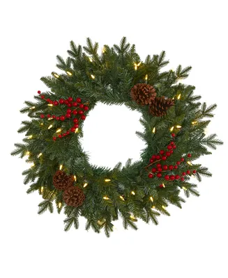 Nearly Natural Pine Artificial Christmas Wreath with 50 Warm Led Lights, Berries and Pine Cones