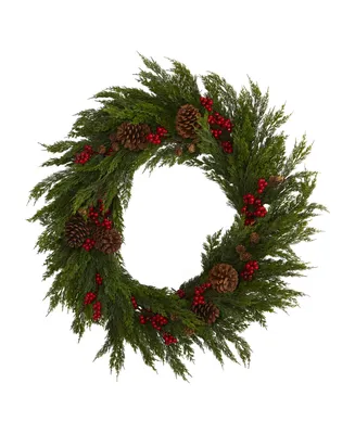 Nearly Natural Cypress with Berries and Pine Cones Artificial Wreath