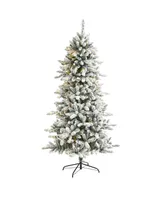 Nearly Natural Flocked Livingston Fir Artificial Christmas Tree with Pine Cones and 300 Clear Warm Led Lights