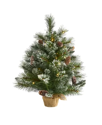 Nearly Natural Frosted Pine Artificial Christmas Tree with 35 Clear Led Lights, Pinecones and Burlap Base