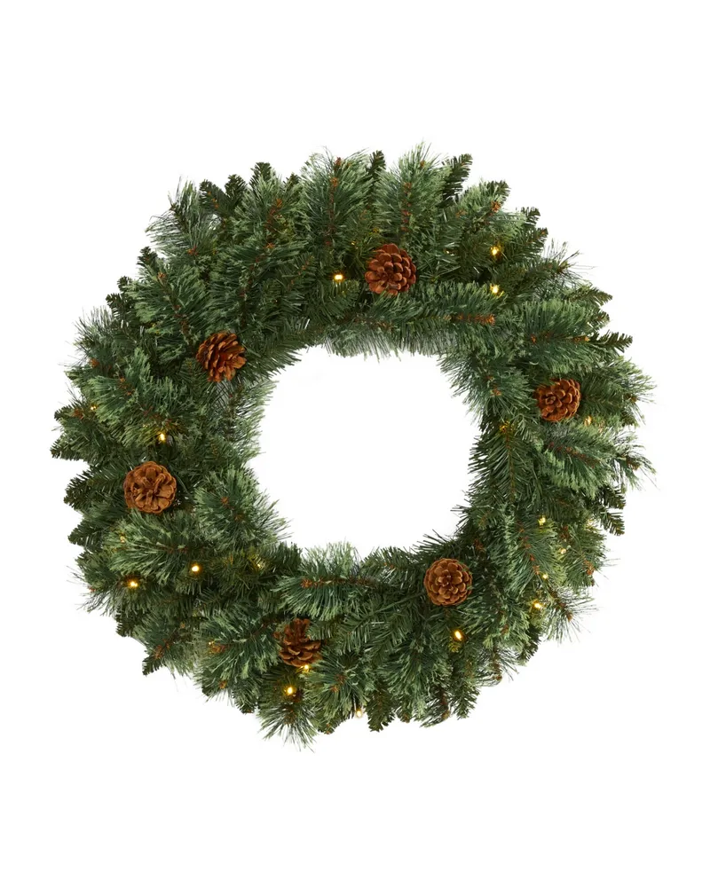 Nearly Natural Mountain Pine Artificial Christmas Wreath with 35 Led Lights and Pinecones