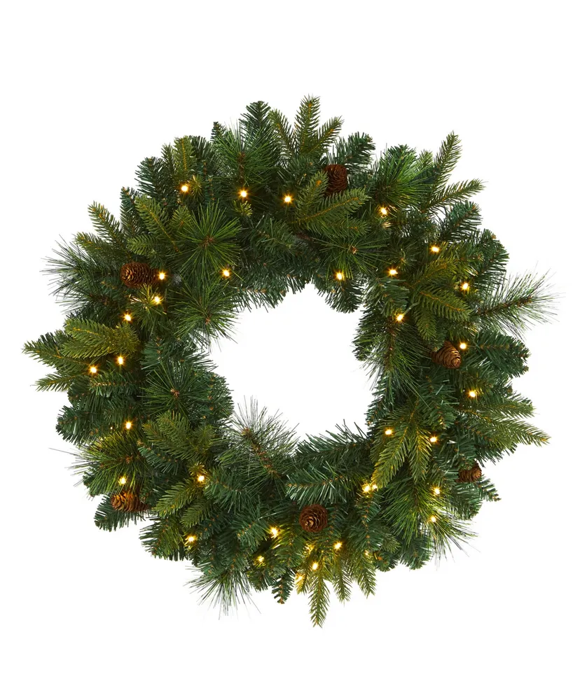 Nearly Natural Mixed Pine Artificial Christmas Wreath with 35 Clear Led Lights and Pinecones