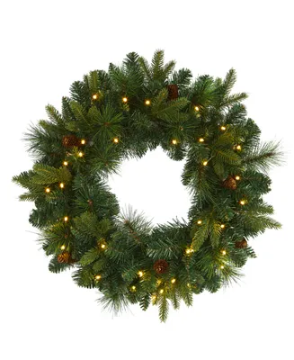 Nearly Natural Mixed Pine Artificial Christmas Wreath with 35 Clear Led Lights and Pinecones