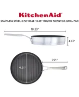 KitchenAid 3-Ply Base Stainless Steel Nonstick Induction Stovetop Grill Pan, 10.25", Brushed Stainless Steel