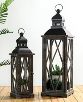 Glitzhome Set of 2  Black Farmhouse Wooden Lanterns With Diamond Window Frame