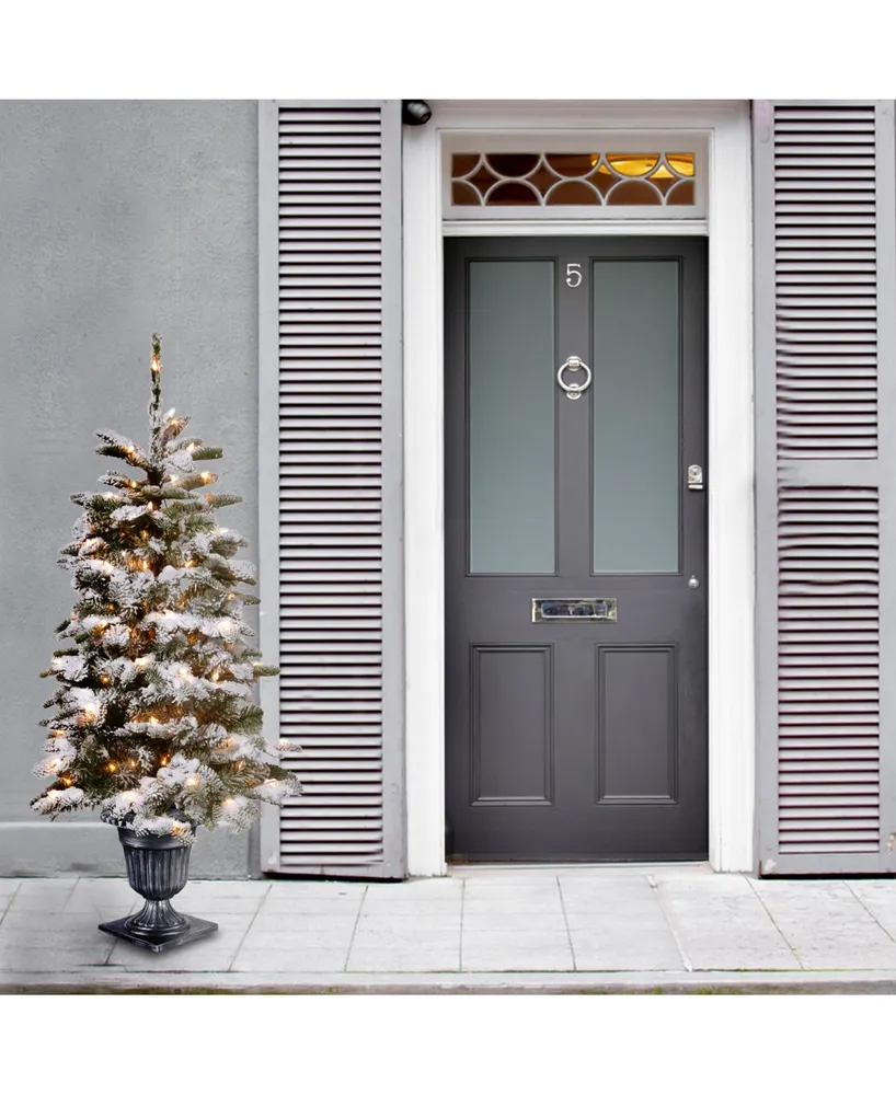 National Tree Company 4' Feel Real Snowy Camden Entrance Tree in Silver Brushed Urn with 100 Clear Lights