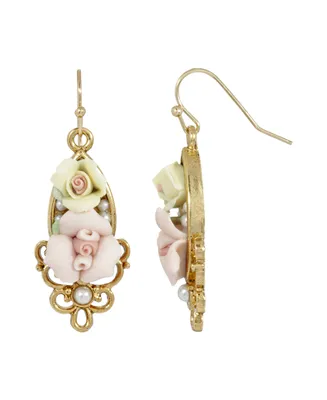 2028 Women's Gold Tone Pink Yellow Porcelain Rose Flowers Drop Wire Earrings