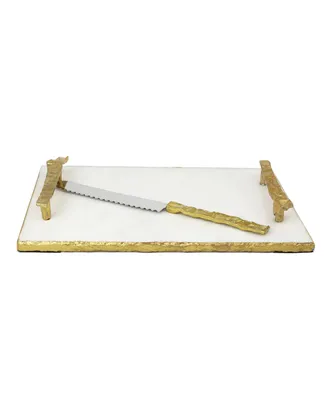 White Marble Challah Tray with Crumbled Handles and Knife