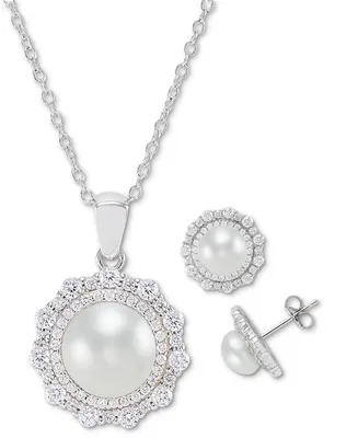 2-Pc. Set Cultured Freshwater Pearl (7mm & 9mm) Cubic Zirconia Pendant Necklace & Matching Stud Earrings in Sterling Silver