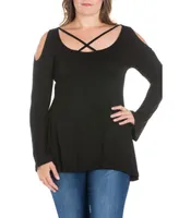 Women's Plus Criss Cross Cold Shoulder Top