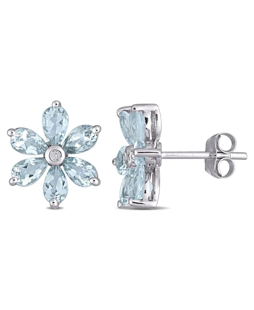 Aquamarine and Diamond Accent Floral Stud Earrings