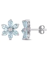 Aquamarine and Diamond Accent Floral Stud Earrings