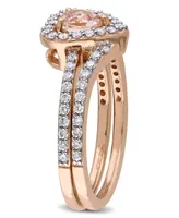 Morganite and Diamond Heart Halo interlocking Bridal Ring Set