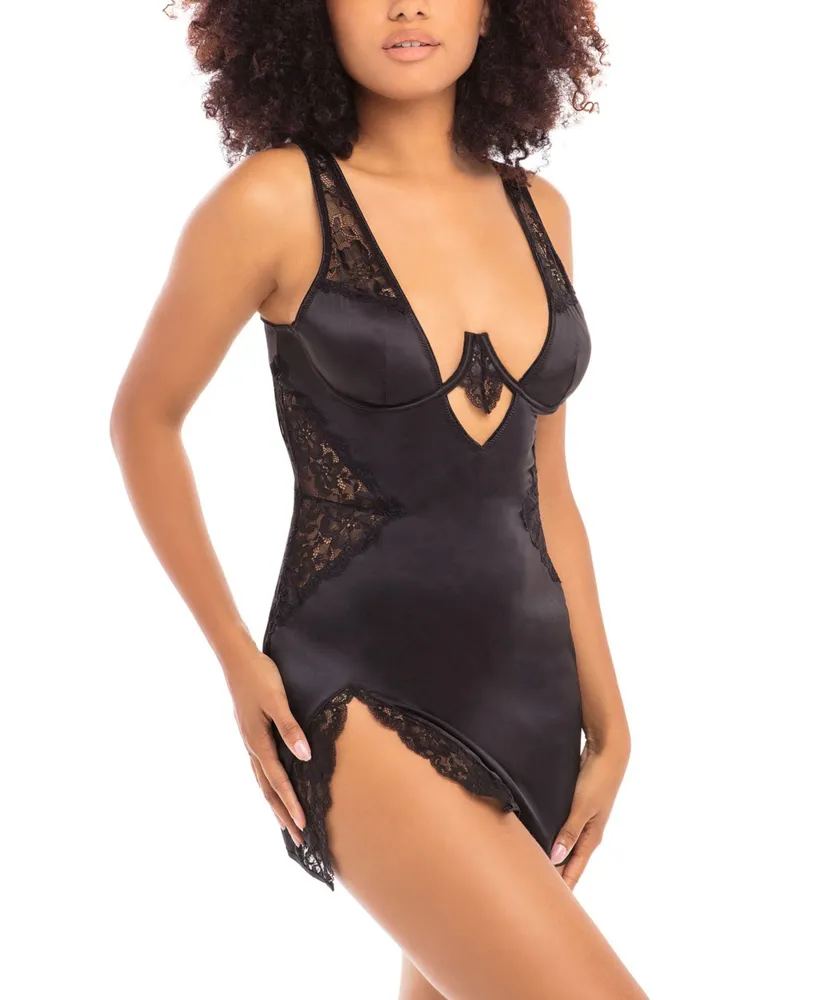 Oh La La Cherie Plus Size Lace Chemise & G-String Set Black