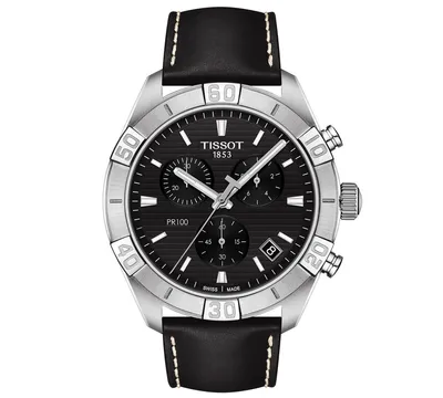 Tissot Men's Swiss Chronograph Pr 100 Sport Black Leather Strap Watch 44mm