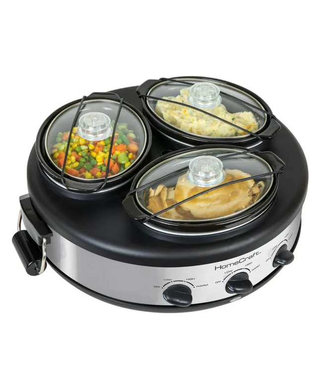 MegaChef Triple 2.5 Quart Slow Cooker and Buffet Server in Brushed Silver  and Black Finish with 3 Ceramic Cooking Pots and Removable Lid Rests
