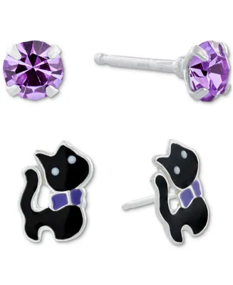 Giani Bernini 2-Pc. Set Crystal Solitaire & Enamel Cat Stud Earrings in Sterling Silver, Created for Macy's