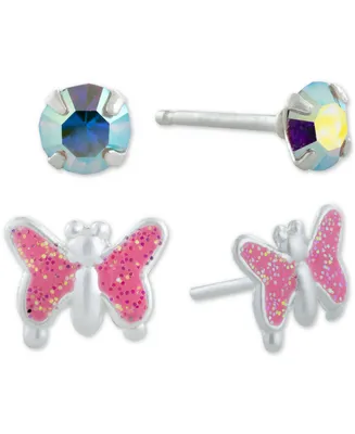 Giani Bernini 2-Pc. Set Crystal Solitaire & Glitter Butterfly Stud Earrings in Sterling Silver, Created for Macy's