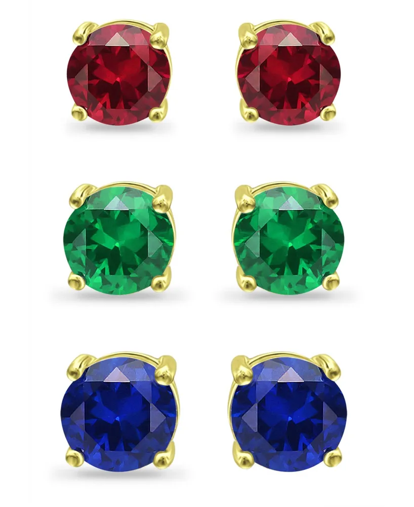 Giani Bernini Lab Grown Green Quartz, Lab Grown Ruby and Simulated Blue Sapphire Stud Earring Set