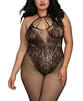 Dreamgirl Women's Plus Size Fishnet Body Stocking Lingerie with Knitted Teddy Design