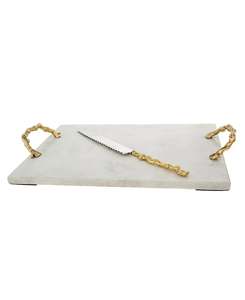 Classic Touch Marble Challah Tray with Wooden Design Handles - White, Gold
