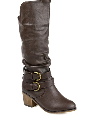 Journee Collection Women's Late Wide Calf Rouched Buckle Mid Shaft Block Heel Boots