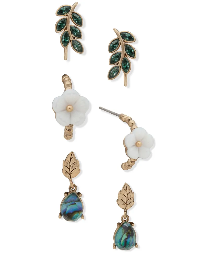 lonna & lilly Gold-Tone 3-Pc. Set Crystal Leaf & Flower Earrings