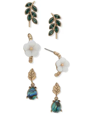 lonna & lilly Gold-Tone 3-Pc. Set Crystal Leaf & Flower Earrings