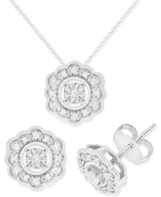 2-Pc. Set Diamond Flower Pendant Necklace & Matching Stud Earrings (1/6 ct. t.w.) in Sterling Silver