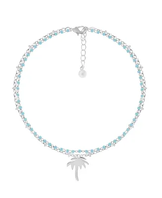 And Now This Double Row Turquoise Glass Palm Tree Anklet in Silver Plate