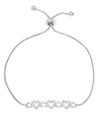 Cubic Zirconia Multible Hearts Adjustable Bolo Bracelet in Silver Plate